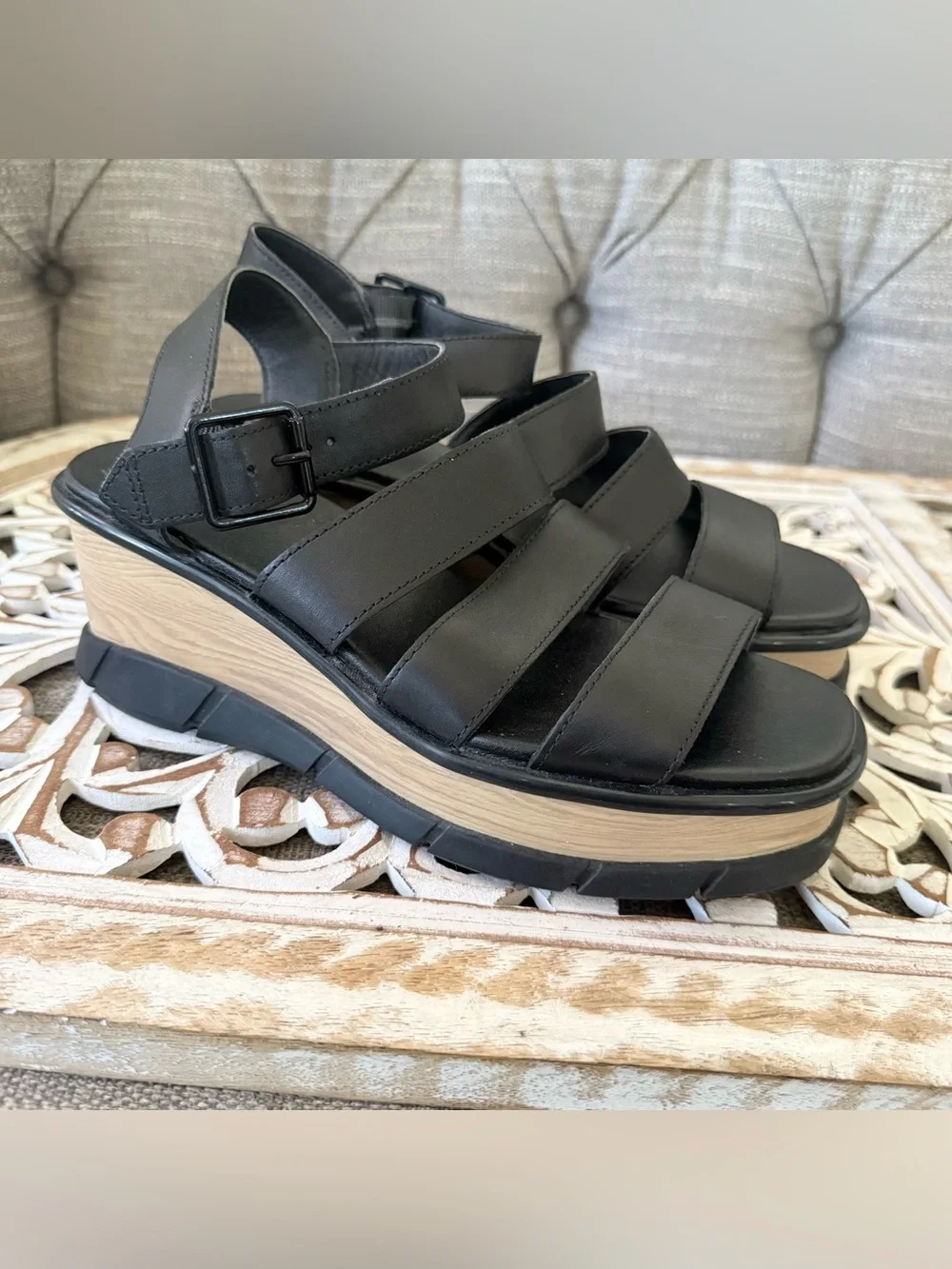 Sorel Black Leather Wide Strap Wedge Platform Sandals Shoes Women’s 10 - Picture 1 of 12